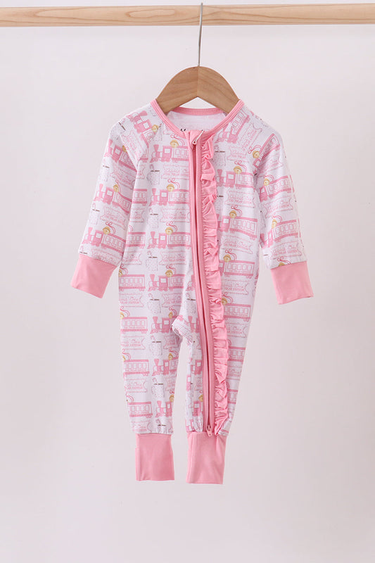 Pink train bamboo pajamas zipper romper