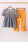 Navy floral smocked ruffle pants set
