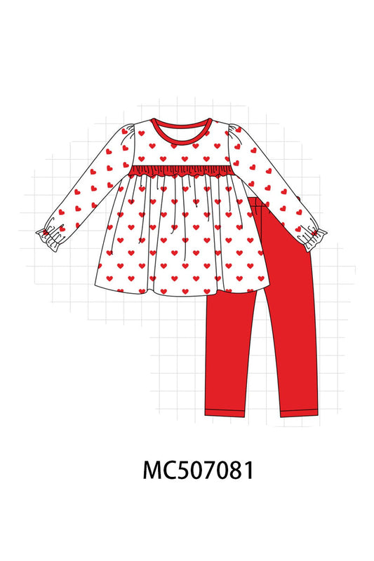Red heart print ruffle pants set