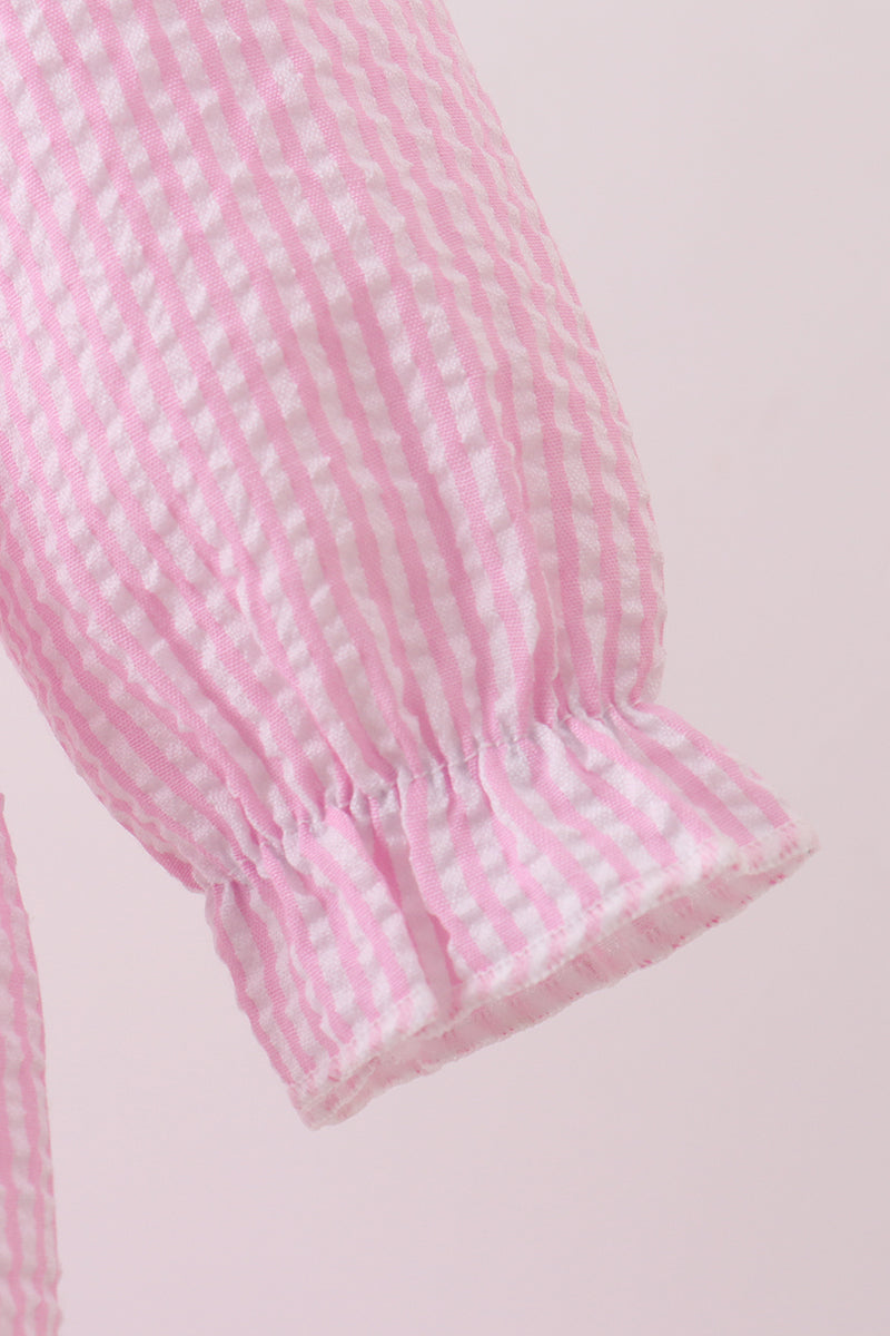 Pink puppy embroidery seersucker bubble