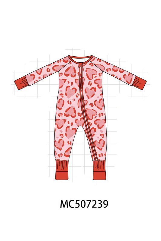 Red heart print bamboo zipper romper