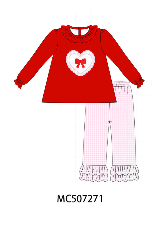 Red heart bow applique ruffle pants set