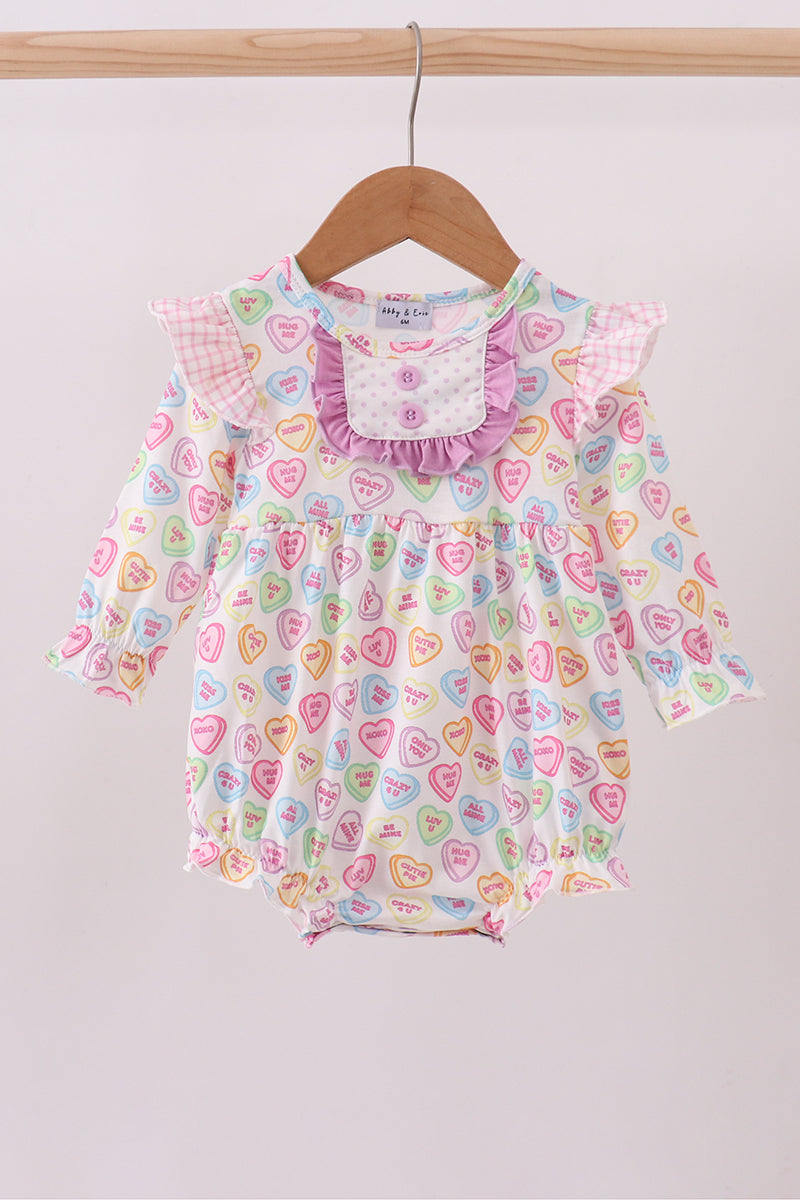 Purple heart print ruffle bubble