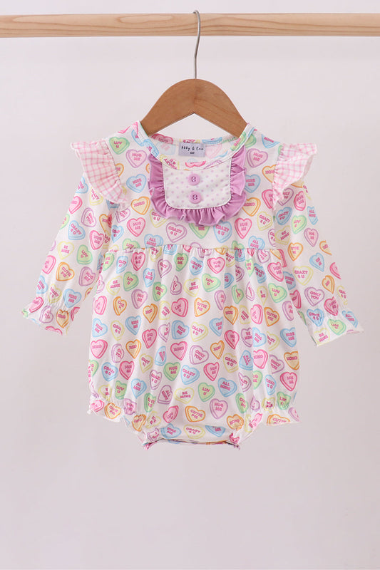 Purple heart print ruffle bubble