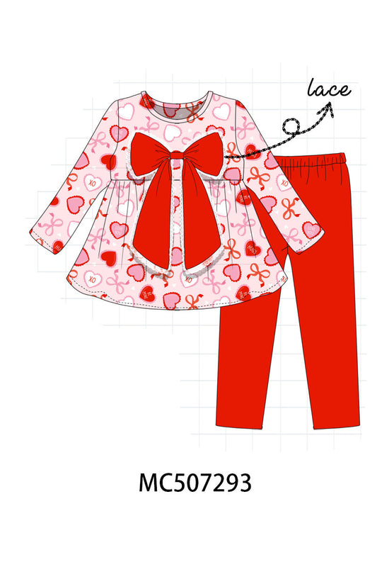 Red heart bow print pants set