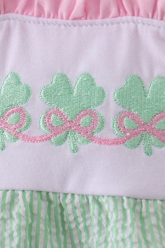 Green clover bow embroidery seersucker bubble