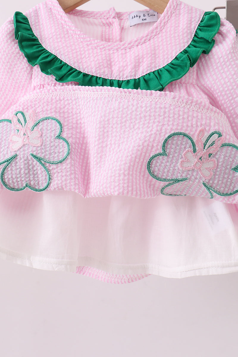 Pink clover applique seersucker bloomer set