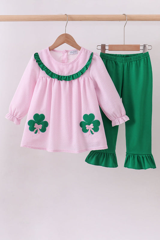 Pink clover applique seersucker pants set