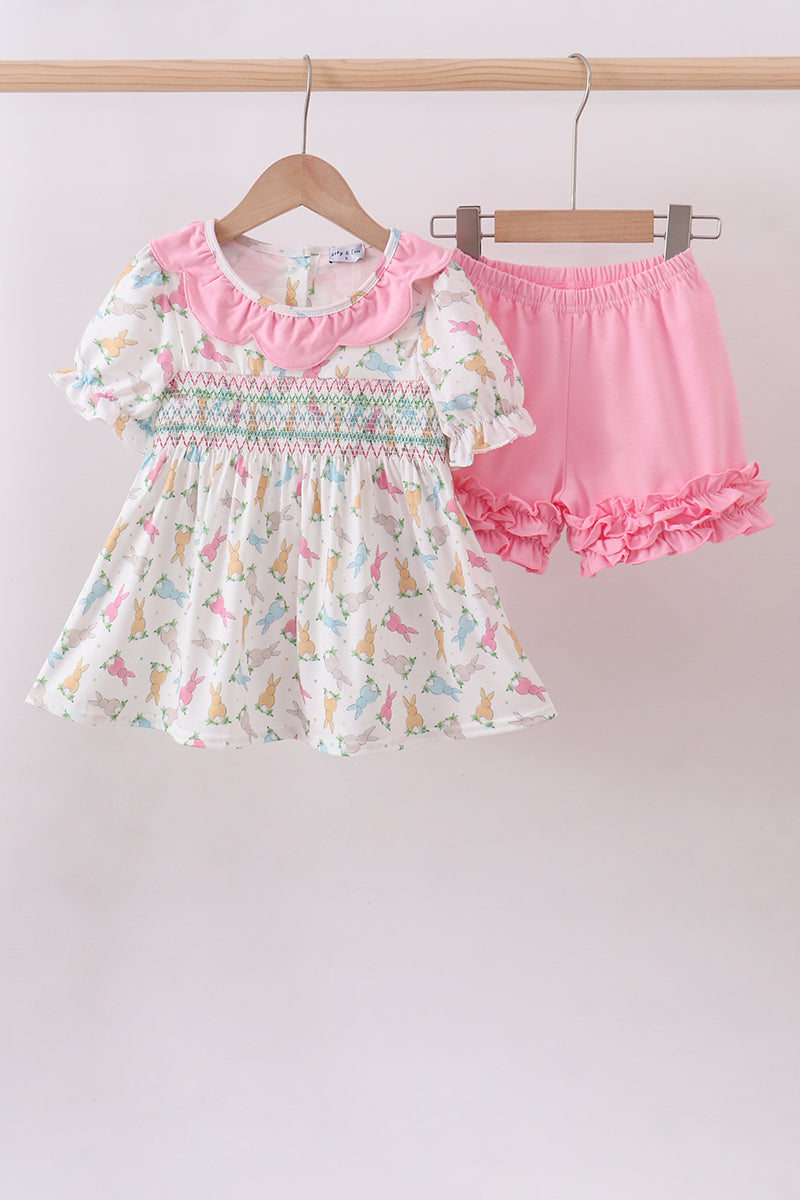 Pink bunny smocked ruffle shorts set