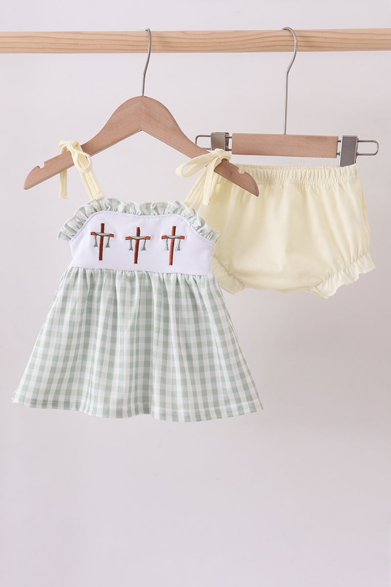 Green cross embroidery gingham bloomer set