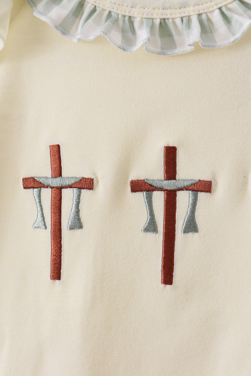 Green cross embroidery gingham ruffle shorts set