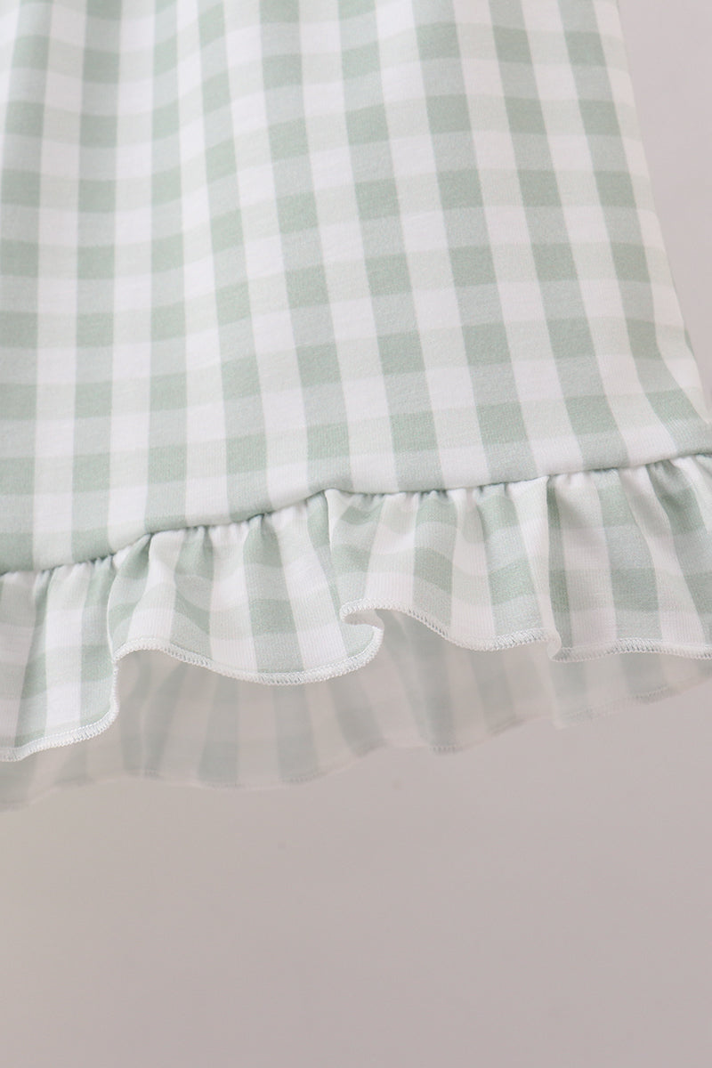 Green cross embroidery gingham ruffle shorts set