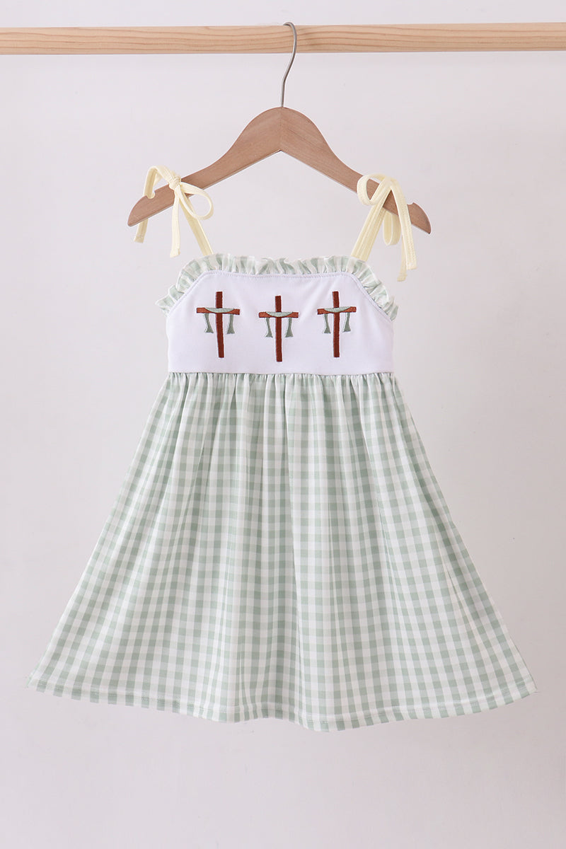 Green cross embroidery gingham dress