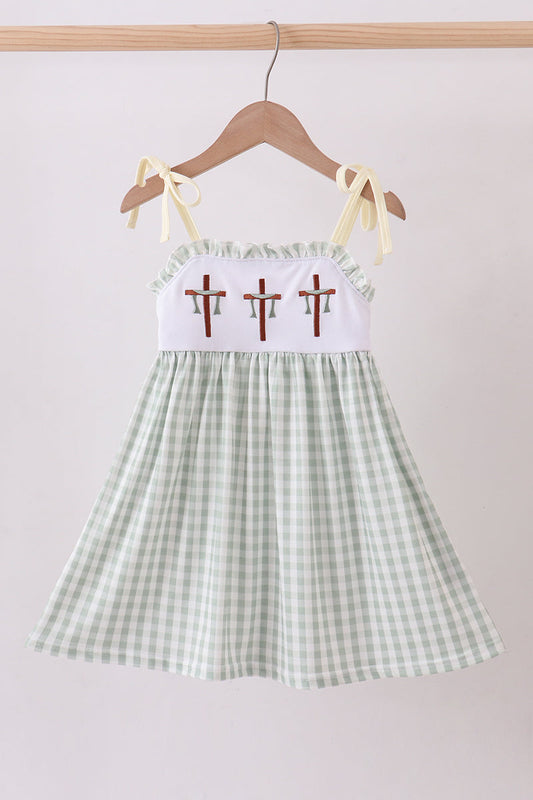 Green cross embroidery gingham dress