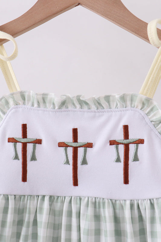 Green cross embroidery gingham dress