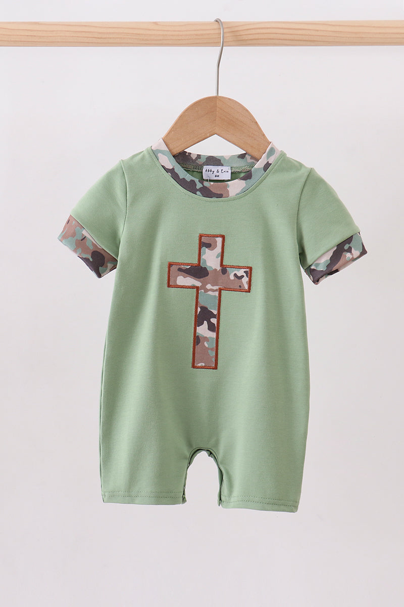 Green camoflage cross applique romper