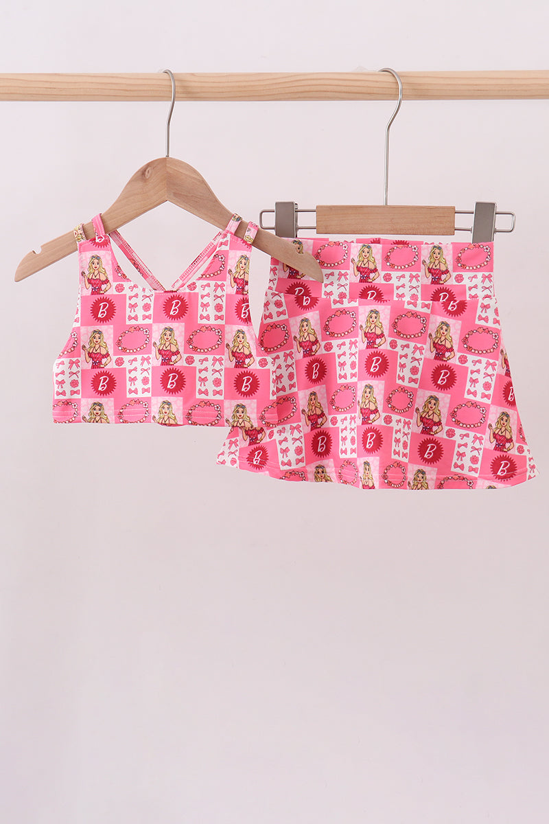 Character checkered print girl skort set