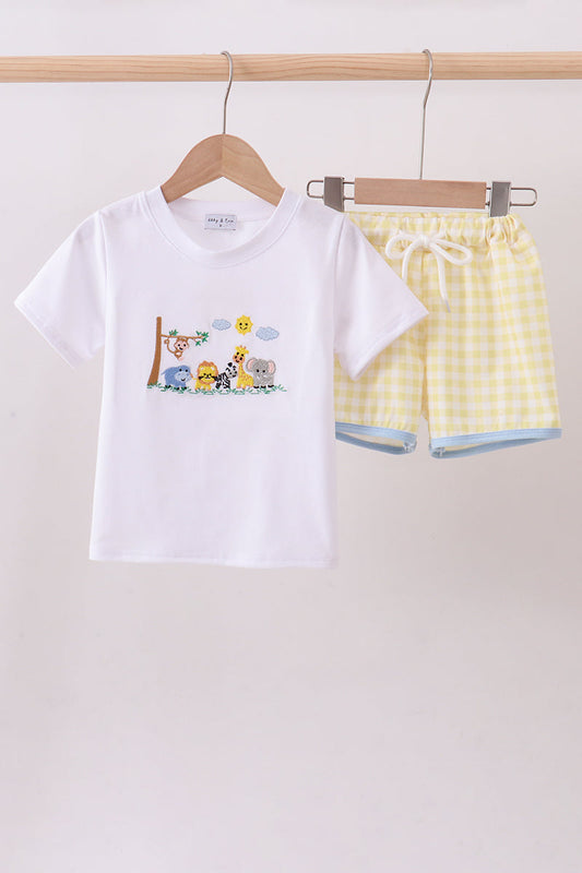 White zoo embroidery gingham shorts set