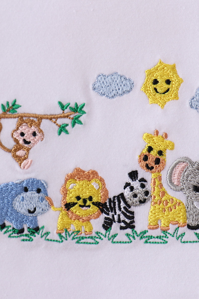 White zoo embroidery gingham shorts set