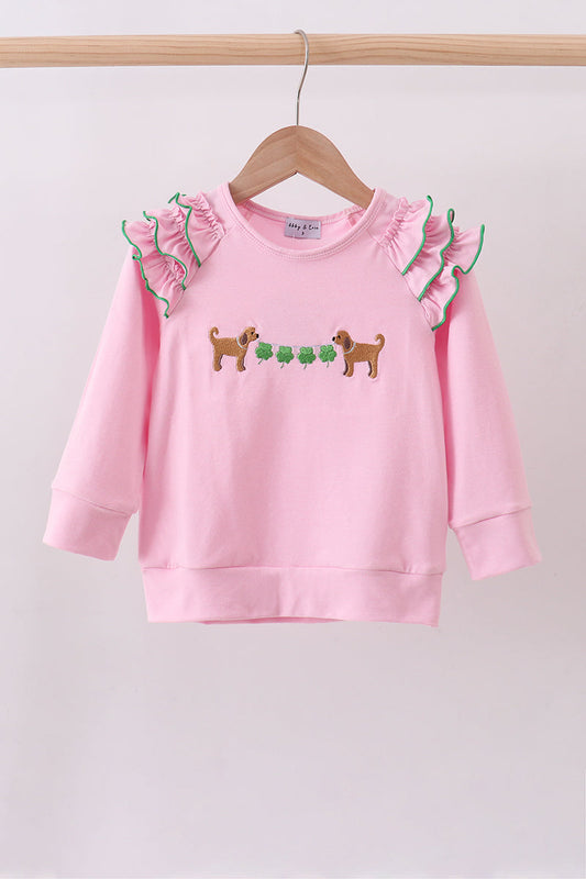 Pink puppy clover embroidery ruffle top