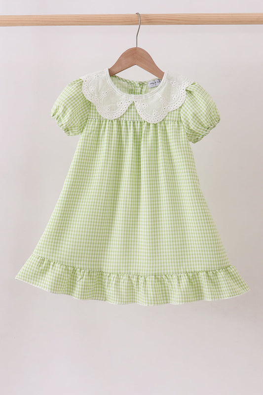 Green scalloped collar lace gingham ruffle dress