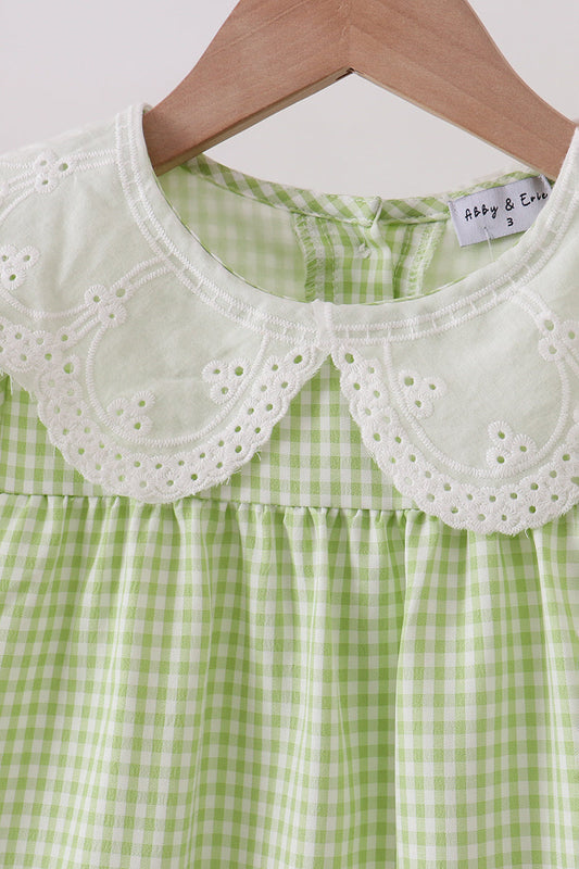 Green scalloped collar lace gingham ruffle dress
