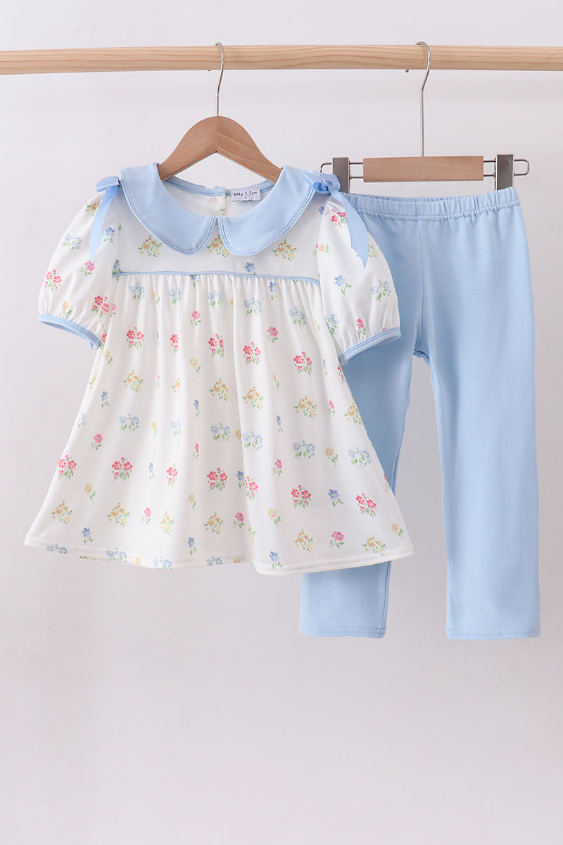 Blue floral bow pants set