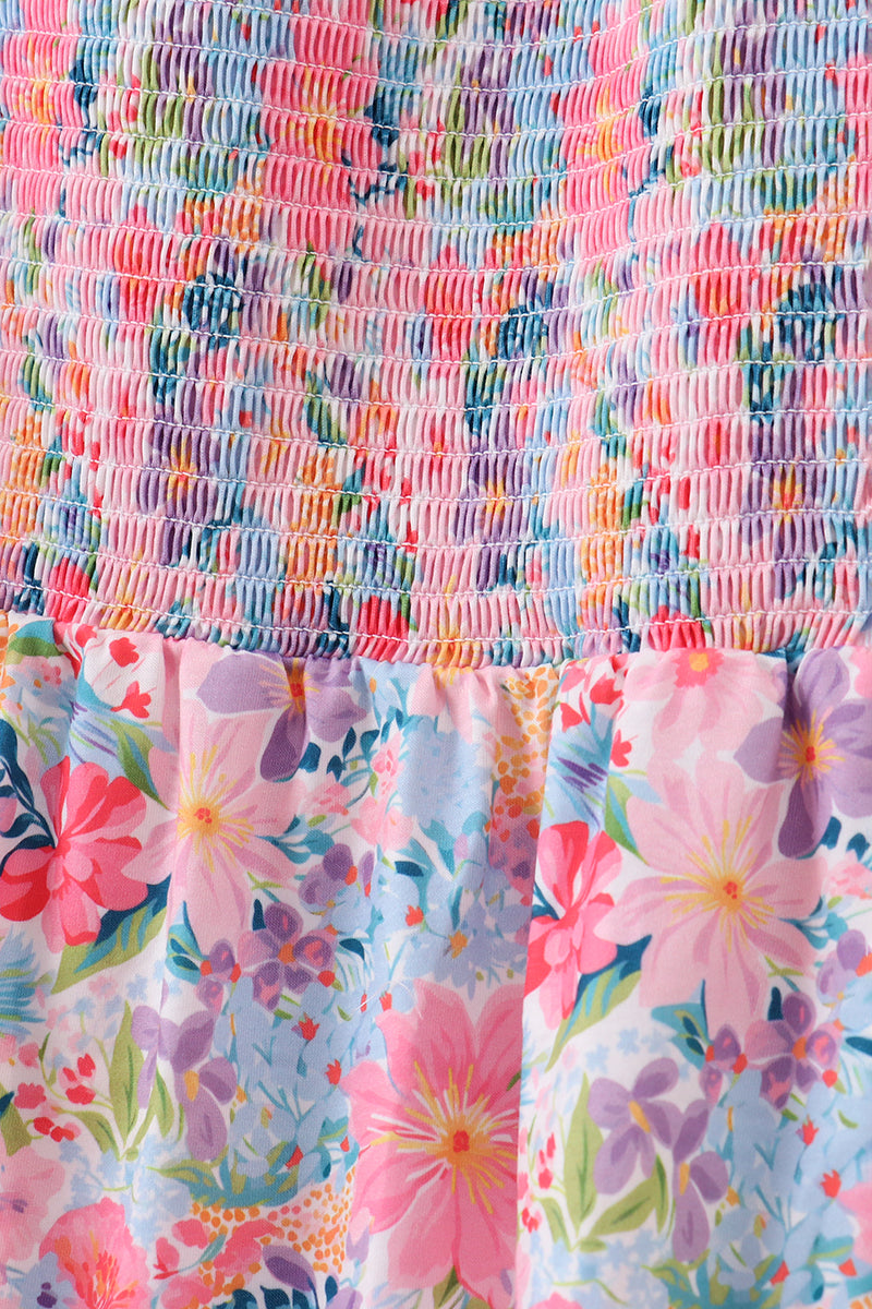 Purple floral smocked women dress