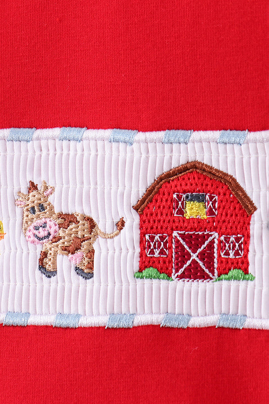 Red farm smocked gingham shorts set