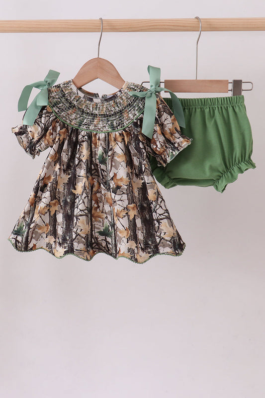 Camouflage smocked bow bloomer set