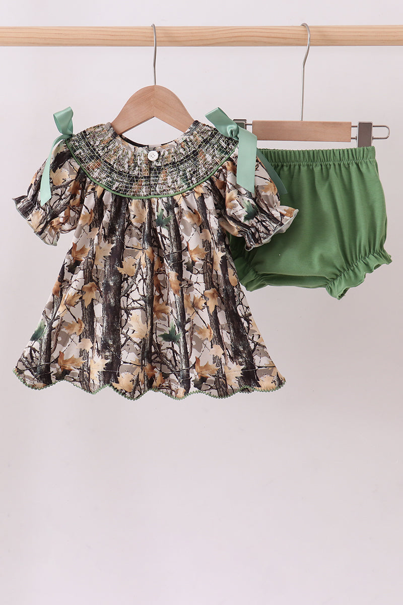 Camouflage smocked bow bloomer set