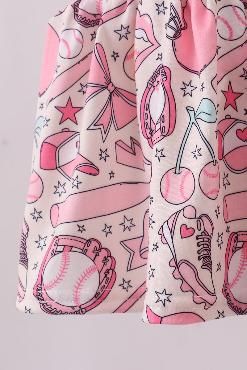 Pink baseball smocked ruffle bloomer set