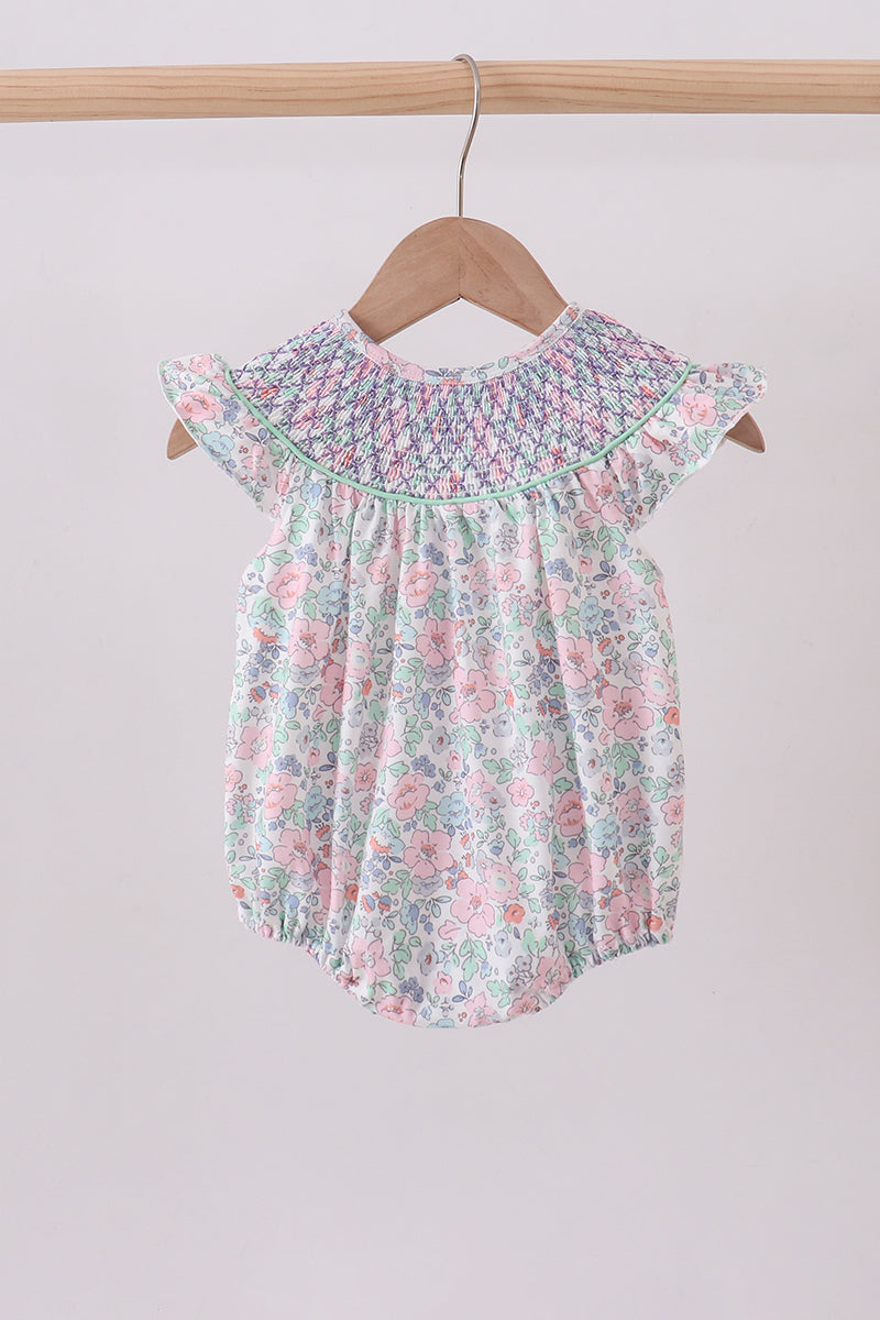 Green floral smocked ruffle bubble