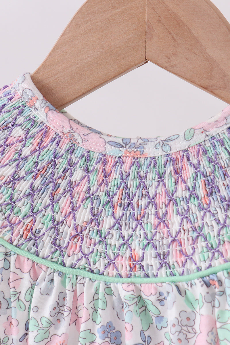 Green floral smocked ruffle bubble