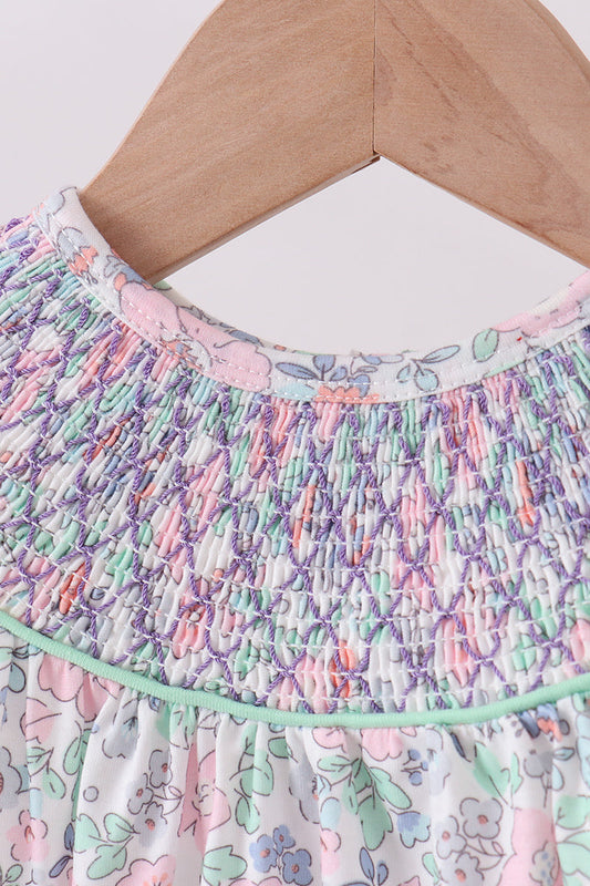 Green floral smocked ruffle bubble