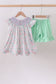 Green floral smocked ruffle shorts set