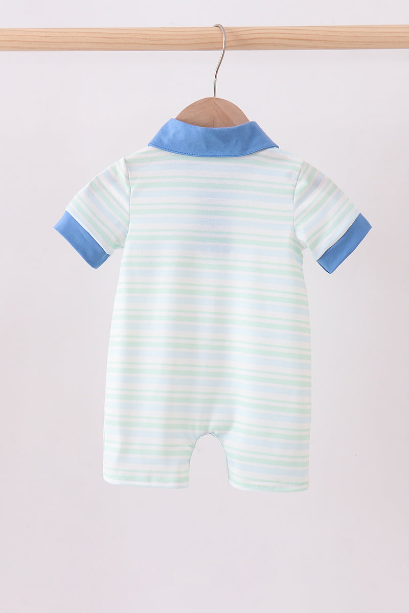 Blue stripe excavator embroidery stripe romper