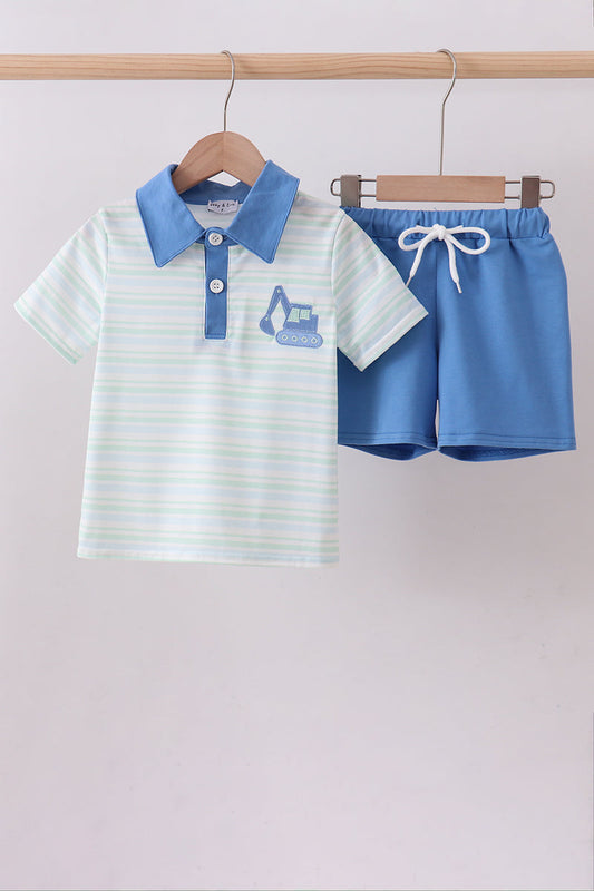 Blue excavator embroidery shorts set