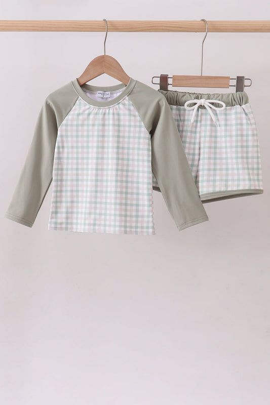 Sage plaid rashguard swimsuit