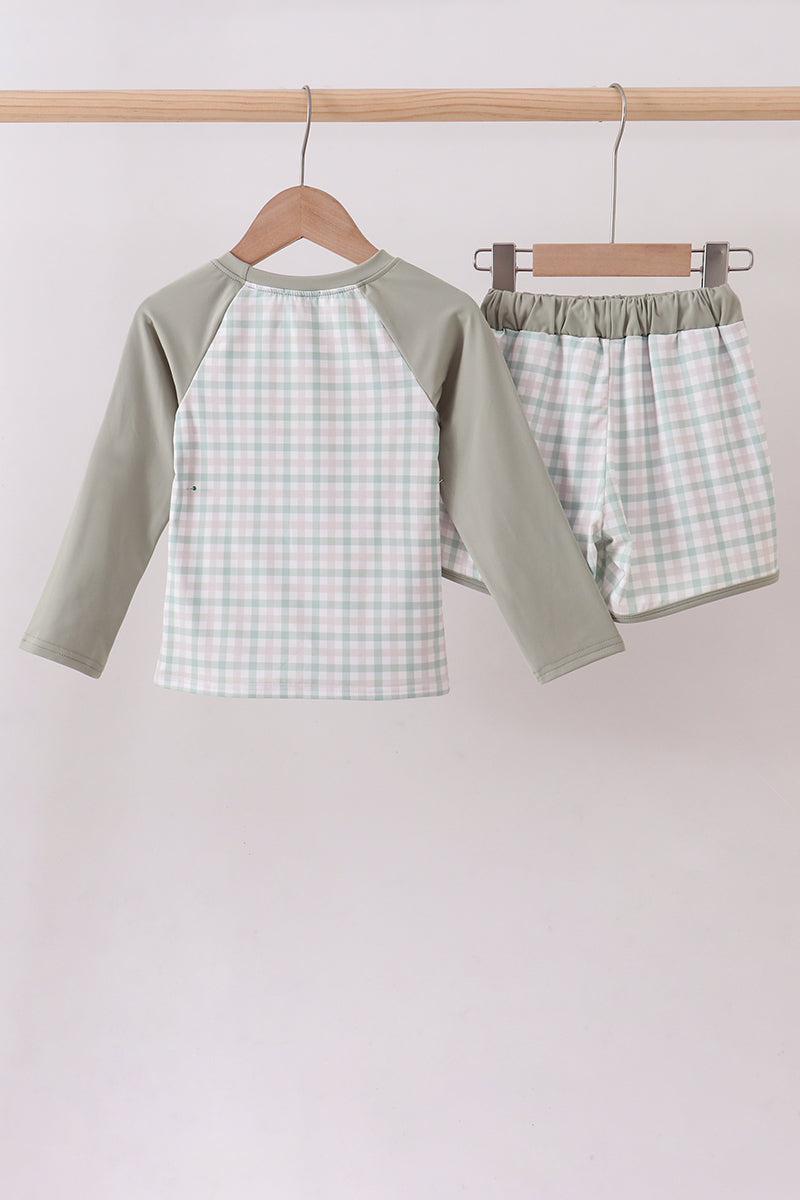 Sage plaid rashguard swimsuit