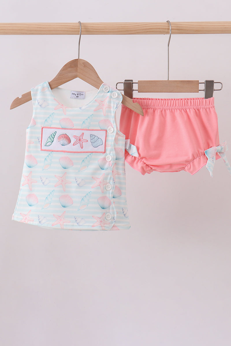 Pink shell starfish embroidery bow bloomer set