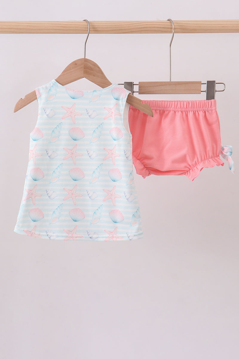 Pink shell starfish embroidery bow bloomer set