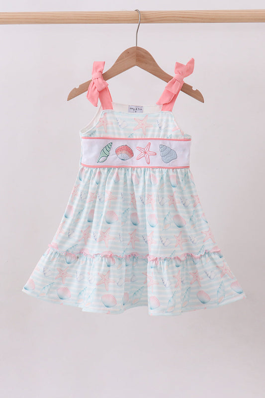 Pink shell starfish embroidery bow ruffle dress