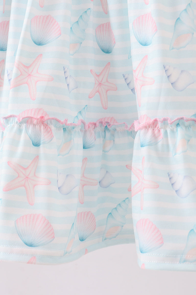 Pink shell starfish embroidery bow ruffle dress
