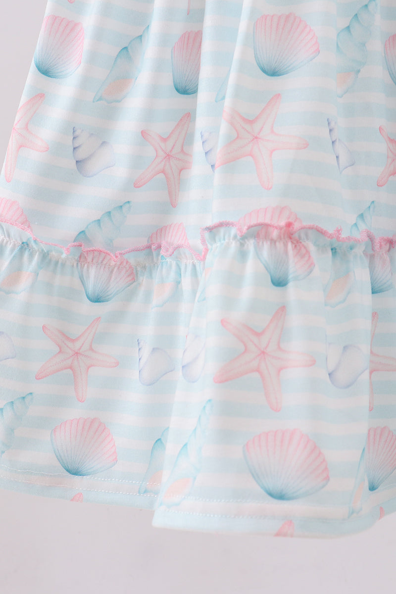 Pink shell starfish embroidery bow ruffle dress