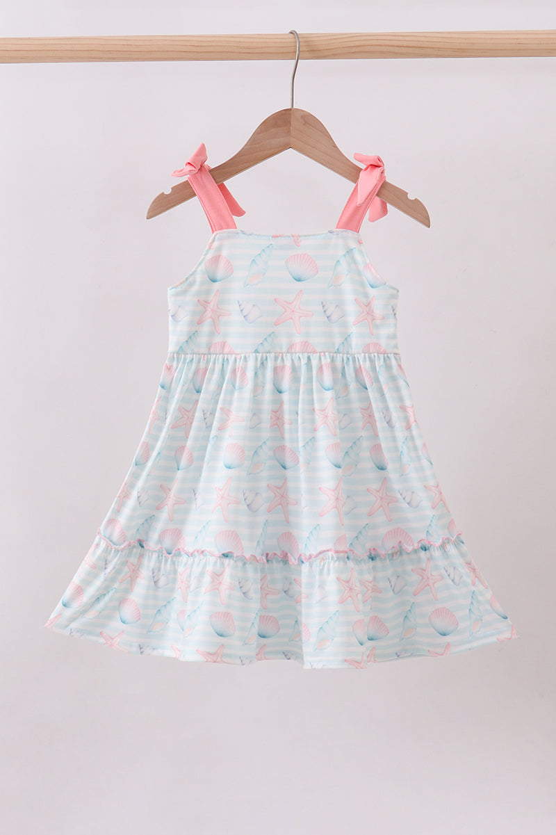 Pink shell starfish embroidery bow ruffle dress