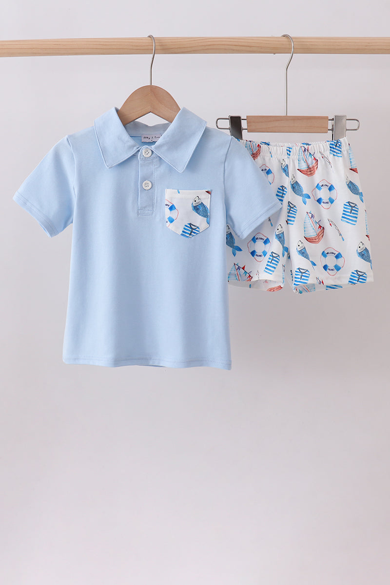 Blue sailboat print shorts set
