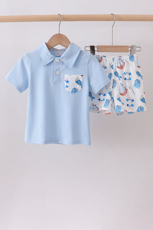 Blue sailboat print shorts set