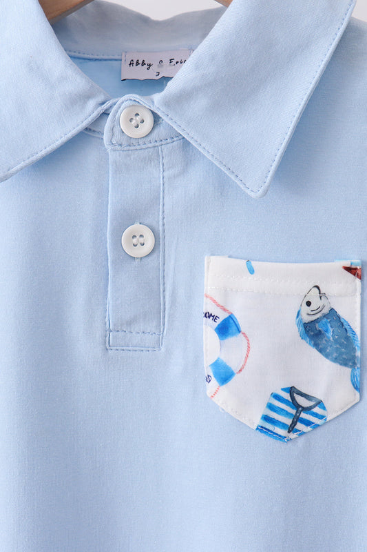 Blue sailboat print shorts set