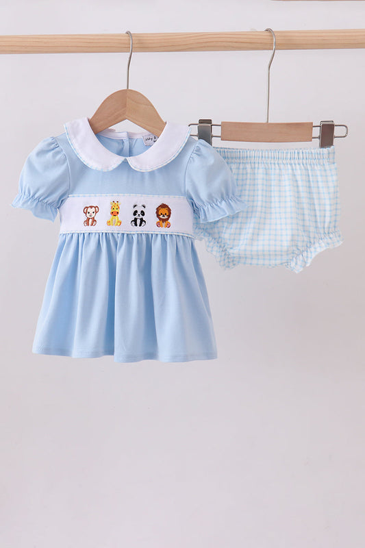 Blue zoo animal embroidery gingham puff sleeve bloomer set